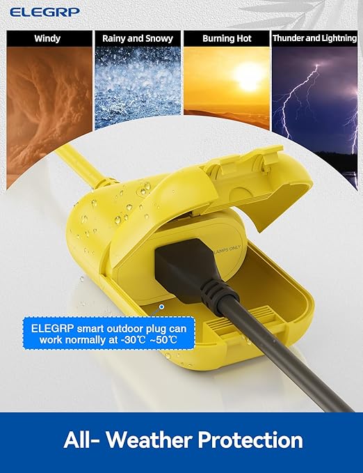 ELEGRP PQR11 Outdoor Smart Dimmer Plug Waterproof IP66, Smart WiFi Plug Compatible with Alexa & Google Assistant, Outdoor Dimmer for String Lights, No Hub Required, UL Certified, 1 Pack, Yellow