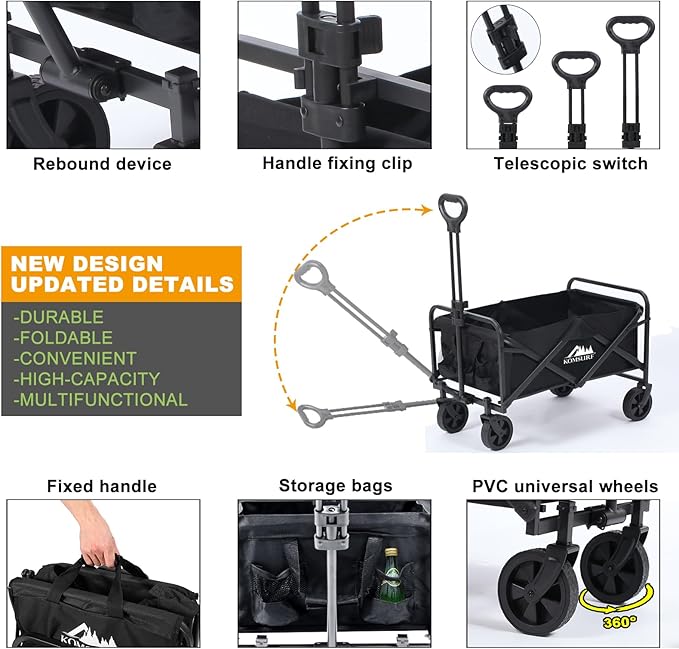 Foldable Utility Wagons Folding Cart on Wheels, Lightweight Portable Folding Utility with 200 lbs Capacity with Side Pockets for Grocery Shopping Cart for Grocery Sports Garden Camping
