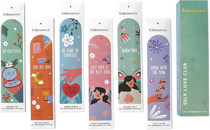 Folkulture Incense Sticks - Set of 6 (120 Sticks) for Relaxation - Green Tea, Rose and Geranium, Natural and Non Toxic, Organic and Slow Burning Inscent, Insense Sticks (Self Love Club)