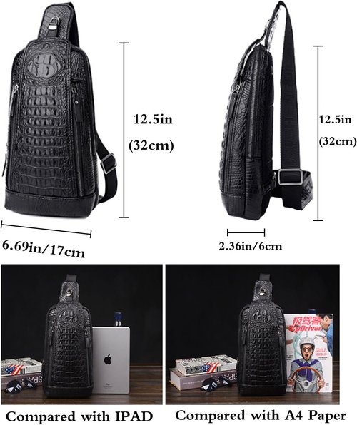 Mens Sling Bags Crocodile PU Shoulder Crossbody Chest Bag Satchels Hiking Daypack Dark Brown