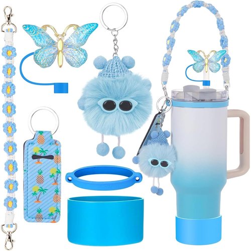 TJYAEKLTD Cup Accessories for Stanley Cup, Stanley Cup Accessories Set Including Silicone Cup Boot, Lipstick Holder, Water Bottle Handle Strap, Keychain Charms, for White Stanley Cup 40oz/30oz(Blue)
