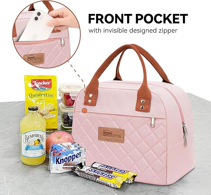 HOMESPON Insulated Lunch Bag for Women Men Adults Lunch Tote with Front Pocket Lunch Box Container Cooler Bag for Work Picnic (Pink)