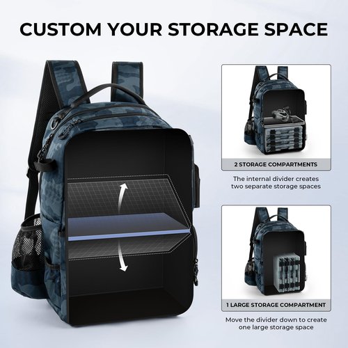 KastKing BaitSpace 50L Fishing Tackle Backpack with Removable Bait Binder & 4 Tackle Boxes,2 Rod Holders Storage Fishing Gear and Equipment,Blue Camo