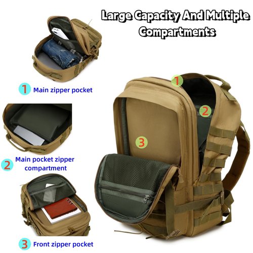 ORILOOSEN 35L tactical assault backpack, military backpacks,heavy duty zipper，outdoor canvas Knapsack,climbing/camping/hiking backpack,water resistant,Rucksack (01#Khaki)