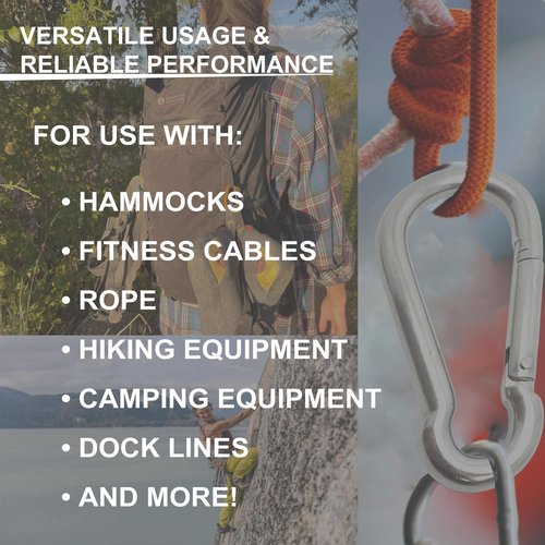 Stainless Steel Carabiner 3", Heavy-Duty Clips, Hiking, Key Rings, Camping, Outdoor, Gyms, Hammocks, Ropes, Outdoor Adventures, 304 Stainless-Steel, 6ea/PK