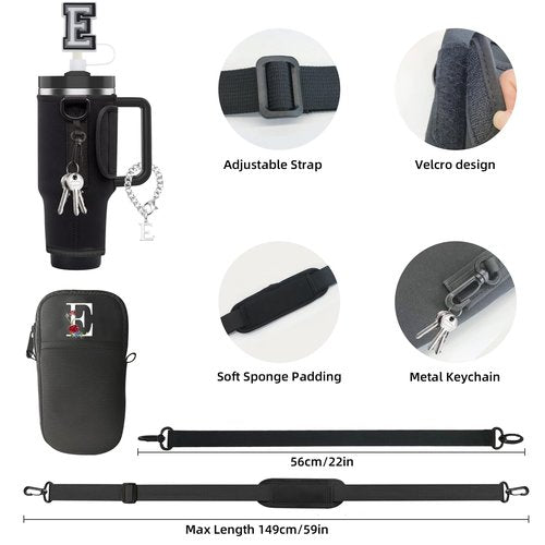 Initial Water Bottle Carrier with Strap for Stanley Tumbler Accessories 40oz 30oz, Stanley Cup Holder with Purse, Charms & Name Plate for Lid & Straw Toppers, Graduation Gifts (E, Black)
