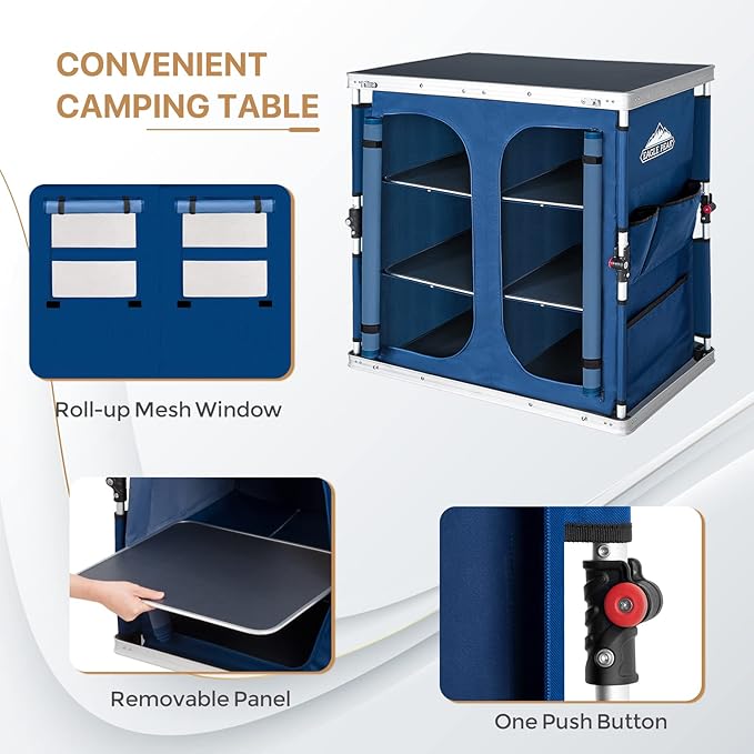 EAGLE PEAK Double Outdoor Folding Camping Table with Large 3-Tier Storage Organizer and Side Pockets, Easy Set Up Portable Aluminum Camping Kitchen, Blue