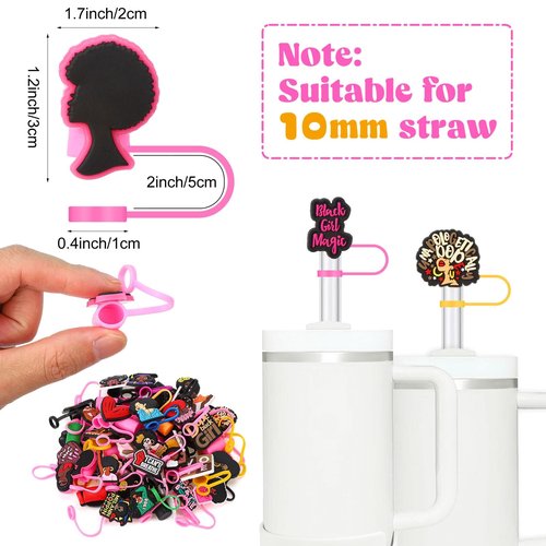 Ovveroche 50 Pcs Pink Black Girl Straw Cover Caps Compatible with Stanley Cup, Silicone Cute Reusable Straw Toppers compatible with Stanley Cup Accessories 10mm