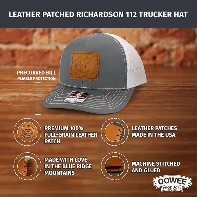 Leather Patch Hat for Men - Richardson 112 Trucker Hat w/Full-Grain Leather Patch, Laser-Engraved, Machine-Stitched