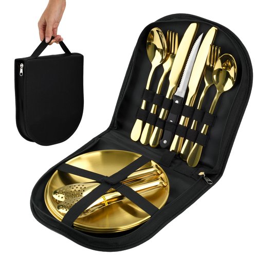 20-Piece Stainless Steel Silverware Set with Organizer, Including Plates, Knives, Forks, Spoons - Premium Outdoor Picnic Tableware for Camping (Golden)