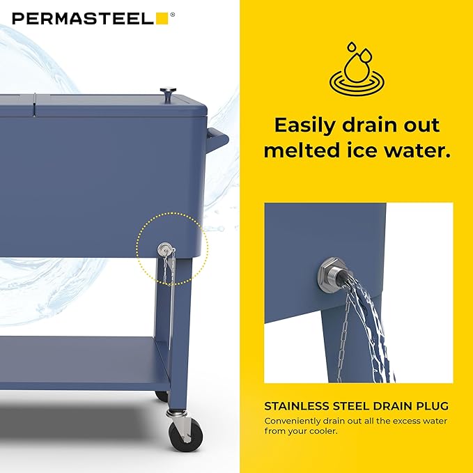 Permasteel 80-Qt Outdoor Patio Cooler with Removable Basin, Outside Beverage Cooler Cart, Rolling Cooler with Wheels and Handles, Azure Blue
