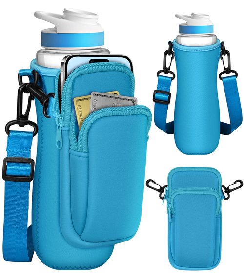 Toykee Water Bottle Sleeve with Pouch for Cirkul 22 oz - Blue Crossbody Shoulder Strap Detachable Phone Purse with Bottles Cover Holder Carrier Bag