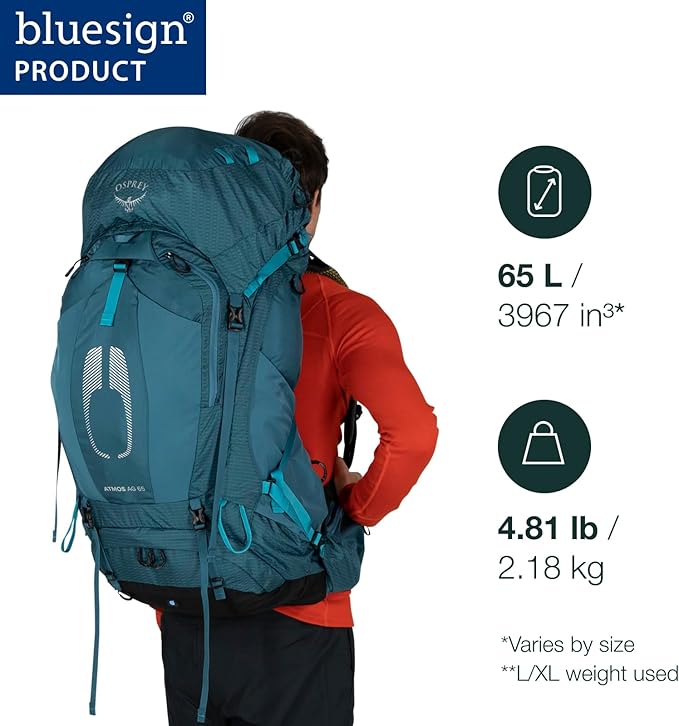 Osprey Atmos AG 65L Men's Backpacking Backpack, Mythical Green, L/XL
