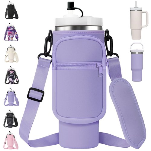 Water Bottle Holder Bag with Strap for Stanley 40 oz 30 oz Tumbler Insulated Cup Sleeve Sling with 2 Pockets & Straw Cap for Stanley Cup Accessories-Purple