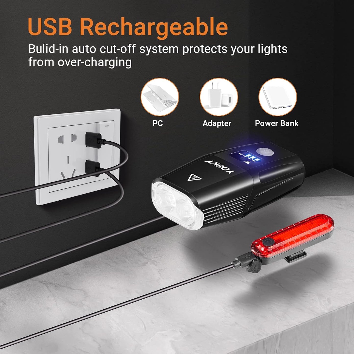 Yosky USB Rechargeable Bike Light Set - EVO 5400mAh Smart Bike Headlight and Tail Light - Super Bright Bike Light Front and Back for Adults Kids Men Women Night Riding