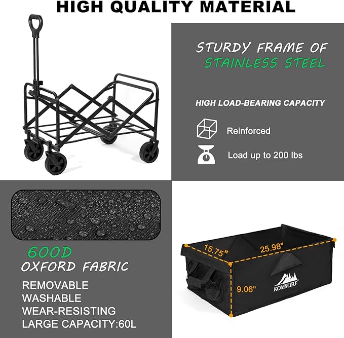 Foldable Utility Wagons Folding Cart on Wheels, Lightweight Portable Folding Utility with 200 lbs Capacity with Side Pockets for Grocery Shopping Cart for Grocery Sports Garden Camping