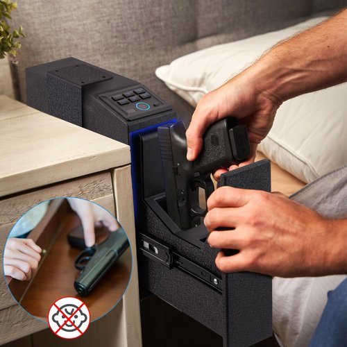 LMRSTOO Biometric Gun Safe for Handgun,Fingerprint Bedside Gun Safe, PIN Code, KEY Access,Upgrade 6 Numeric Buttons,Electric Quantity Display,Emergency Charging Port(Bateries is not include)