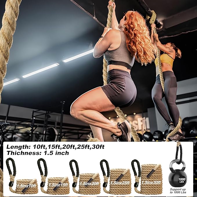 Climbing Rope 1.5 Inch Diameter 10FT 15FT 20FT 25FT 30FT 35FT Gym Climbing Rope for Fitness & Strength Training, Workout Exercises Climbing Rope for Adults Kids Outdoor or Home Indoor
