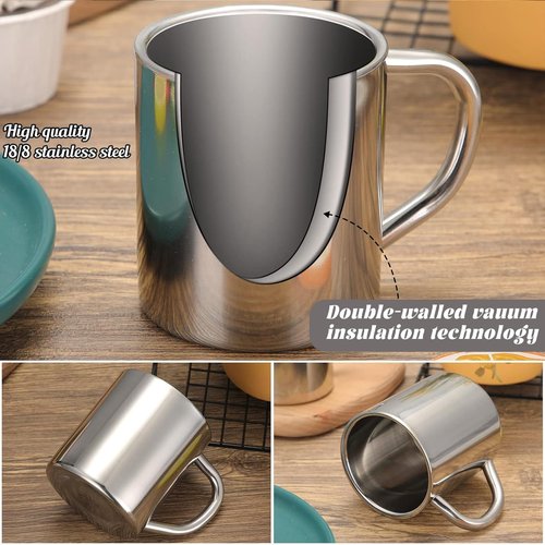 Cunhill 4 Set 10oz/300ml Stainless Steel Coffee Mug with Handle Metal Double Walled Cups Camping Mug Dishwasher Safe Tea Cups for Home Camping Travel Outdoors RV Keep Drinks Hot