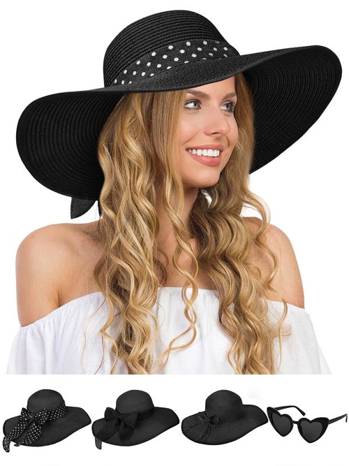 Senker Fashion Sun Hats for Women, Wide Brim Floppy Beach Straw Hat for Summer Travel Vacation Foldable with Sunglasses Black