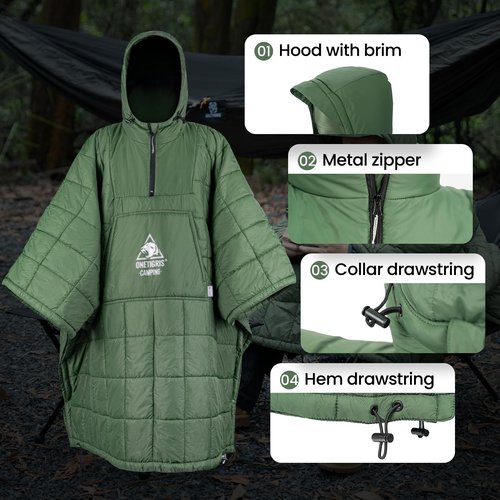 OneTigris Camping Blanket Honcho Poncho with 3M Thinsulate Insulation,Wearable Sleeping Bag Poncho for Camping Large Ultralight Water-Resisitant Warm Wearable Blanket for Outdoor Camping,Hiking