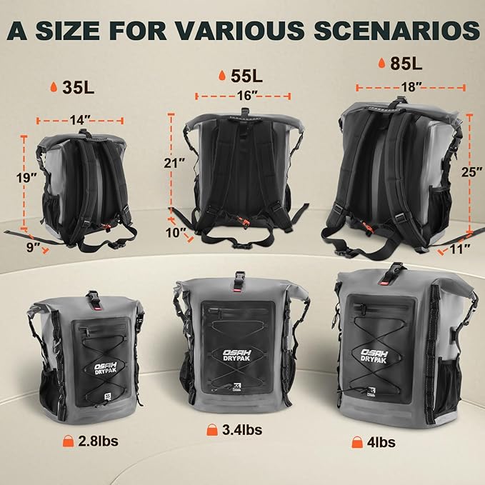 Waterproof Backpack Dry Bag 35L/55L – Heavy Duty Roll-Top Hiking Backpack for Travel, Kayaking, Boating, Camping, Rafting and Fishing