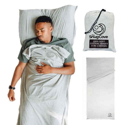 Soft Cotton Sleeping Bag Liner – 100% Organic Jersey Cotton Travel Sheet with Full Zipper, Lightweight Camping Sheet for Hotel & Travel, Single or Double Convertible Stretchy Sleep Sack for Adults