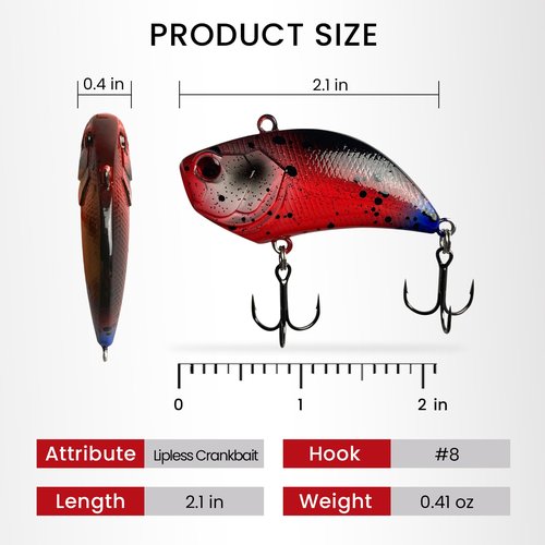 Pristis 3 pcs Lipless Crankbait for Bass Fishing, Mini Sinking Crank Bait with Vibrant Coating & Treble Hooks for Freshwater Saltwater, Minnow Rattle Trap Lure Set for Perch Trout Walleye, Red