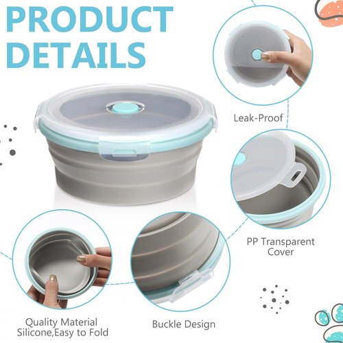 Suclain 4 Pcs Camping Bowl with Lid Collapsible Silicone Lunch Box Salad Bowl Expandable Food Storage Container Folding Travel Container for Hiking Camping(Blue Rim Gray,12 oz)