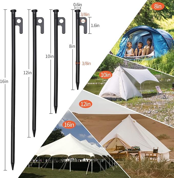 4 Pack Tent Stakes, 8in Tent Stakes Heavy Duty with Storage Bag, Forged Steel Tent Pegs for Camping Unbreakable and Inflexible(4pcs 8in Stakes)