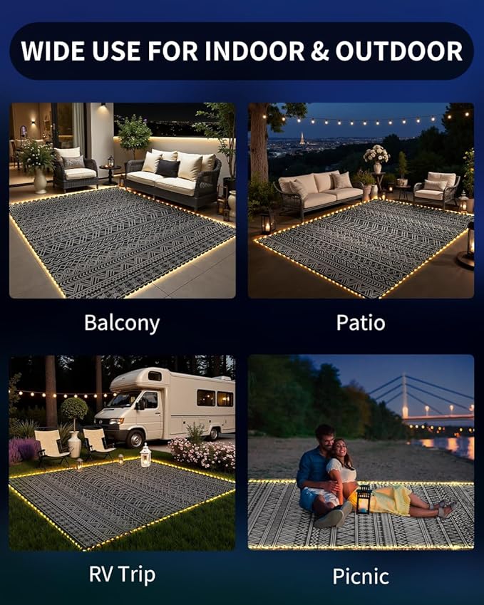 MontVoo-Outdoor Rug Carpet 8x10 ft for Patio RV Camping with Led Strip Lights Waterproof Plastic Straw Rug Reversible Portable Outside Indoor Outdoor Rug Mat for Patio Decor Balcony Picnic-Boho Rug