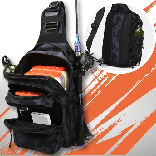 OVER GROUND Tactical Fishing Chest Sling Bags Bottle Holder & Key Ring Strap, Military Large Capacity Molle Camouflage Outdoor Backpack (Green Black Camo)