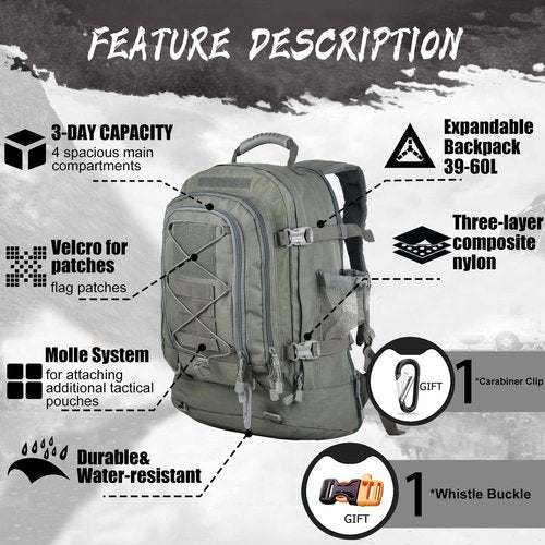 TheKidsRefined Expandable 40-64L Military Tactical Backpack 3 Day Bag Hiking Gym Sport Camping