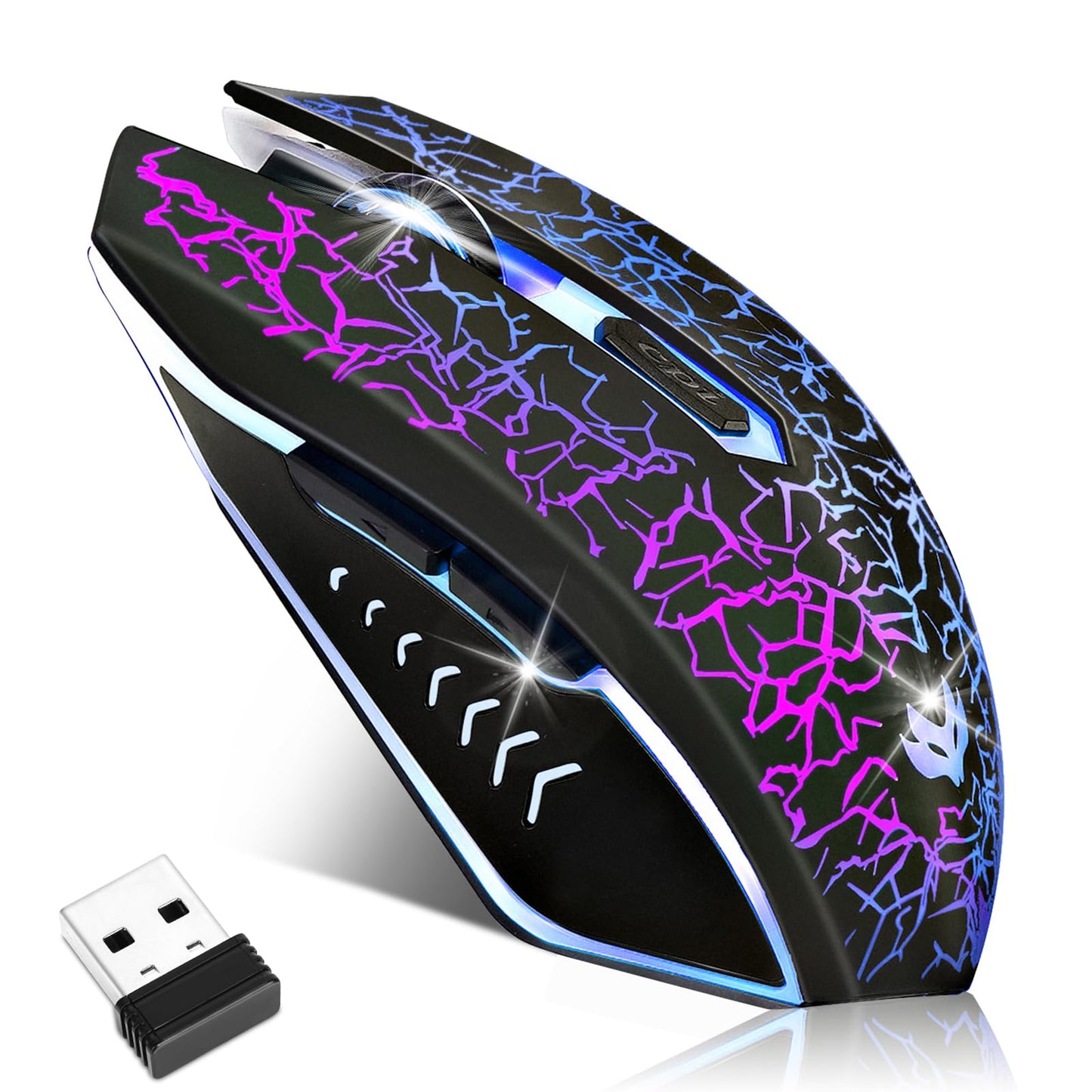 Wireless Gaming Mouse, Rechargeable Wireless Computer Mouse, 7-Color LED Light, Ergonomic Mouse with 6 Silent Click Buttons, 3 Adjustable 2400 DPI Wireless Mouse for Laptop,PC,Mac, Black