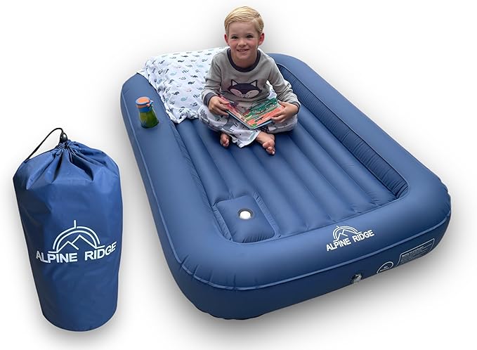 Toddler Travel Bed – Portable Nylon Toddlers Bed with 4-Sided Bumpers – Inflatable Toddler Travel Bed for Camping, Sleepovers – Kids Air Mattress with Built-in Foot Pump