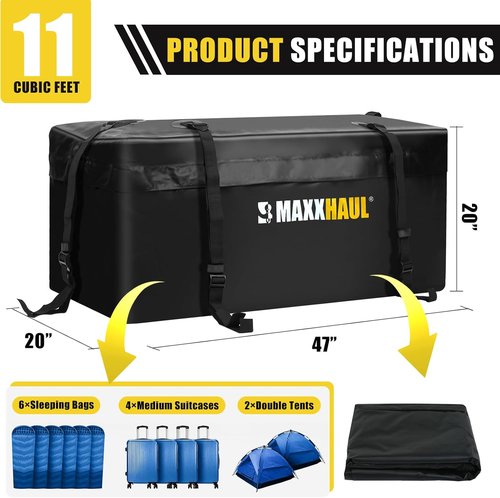 MaxxHaul 70209 Soft Shell Cargo Carrier Bag for Hitch Mount Cargo Rack - Heavy Duty and Water Resistant 47 inch 20 inch x 20 inch Black with Tie Down Straps