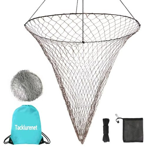 Tacklurenet Foldable Pier Fishing Net - Bridge and Drop Net for Big Fish With Dual-Line Reinforced Fiber, Bold Soft Steel Hoops, Black