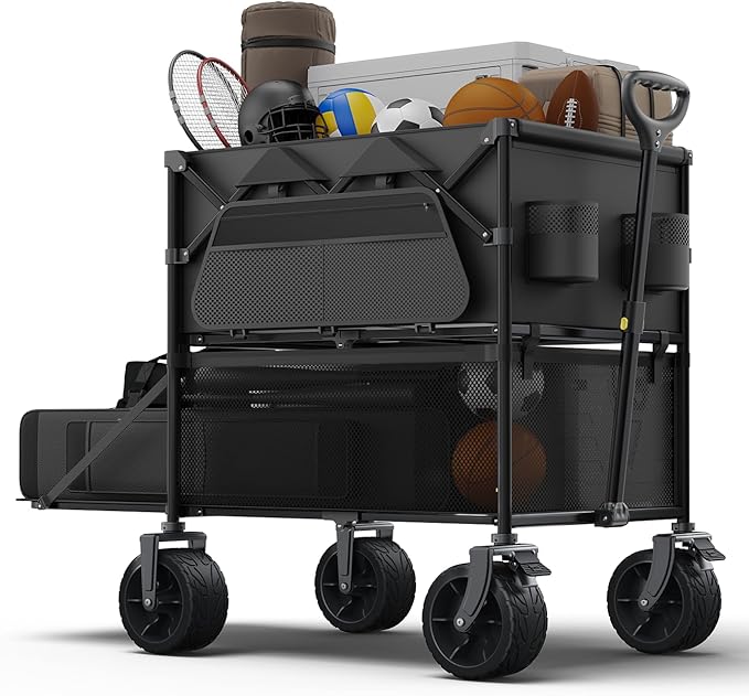 Foldable Wagon Cart,Everyfun 480Lbs Double Decker Wagon,Beach Carts with Big Wheels&Side Pocket&Dustbag,Large Capacity Folding Wagon for Shopping,Garden,Camping,Fish,New Wave Sports Wagon-Ivory Black
