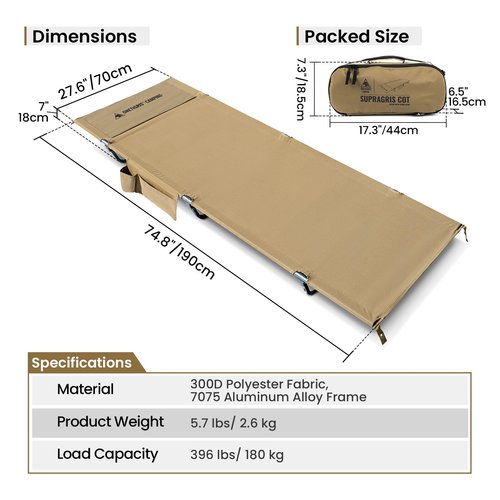 OneTigris SUPRAGRIS Camping Cot, Support Up to 400lbs, Lightweight Comfortable Folding Bed for Camping, Hiking, Backpacking, Travel, Car Trips, Office Nap
