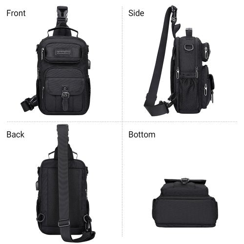 WITZMAN Sling Bag for Men Convertible Travel Sling Backpack USB Charging Port Lightweight Crossbody Bags Casual Daypack（B698 Black）