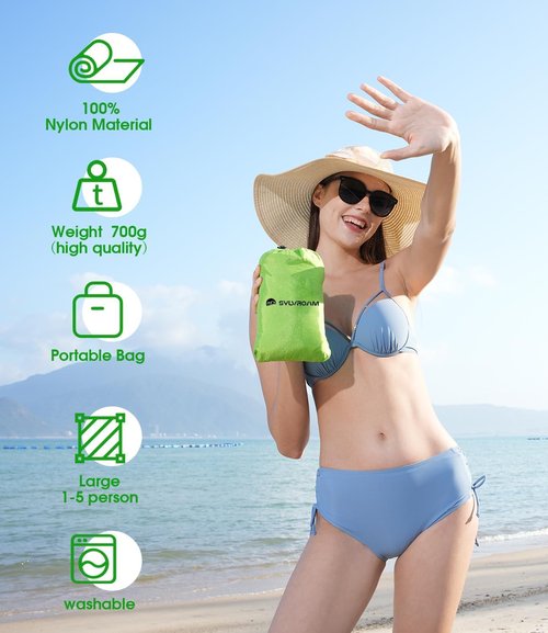 SYLVROAM Beach Blanket Waterproof, Sandproof Mat with Portable Bag for Picnic, Nylon Mat, Quick Drying, Lightweight with 4 Stakes & 3 Water Bags, Use as Children's Pool (Green)