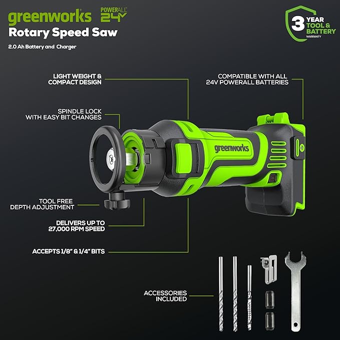 Greenworks 24V Brushless 3 pcs Cordless Power Tool Combo Kit, include 310 in-lbs Drill Driver, 1950 in-lbs Impact Driver, Rotary Cut-out Tool, 2 x 2Ah Batteries and Charger