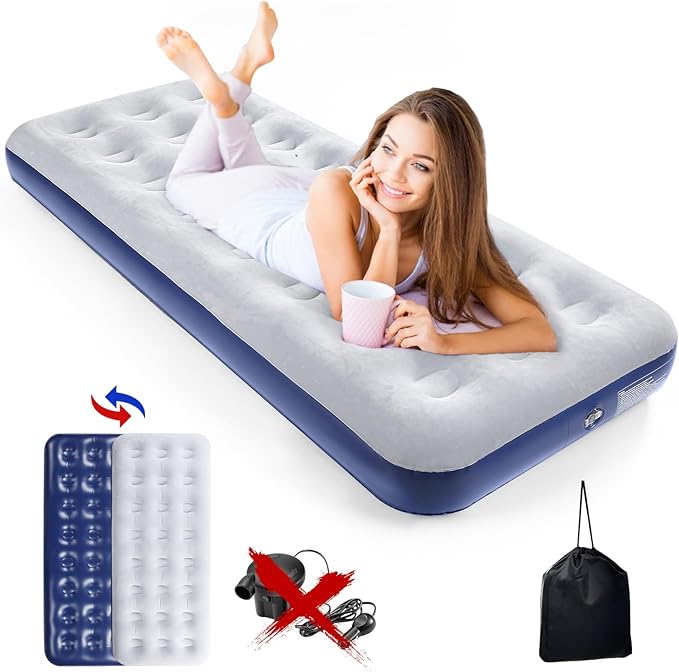 Camping Air Mattress Inflatable Air Bed Flocked Surface Travel Bed Sleeping Pad Air Bed for Outdoor Camping Tent Guest Travelling(2 PCS)