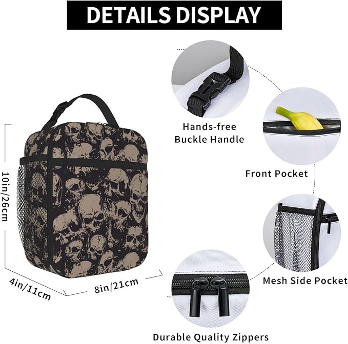 Scary Skull Horror Vintage Insulated Lunch Bag Reusable Cooler Lunch Box Portable Leakproof Thermal Container Tote Bags for Girls Boys School Travel