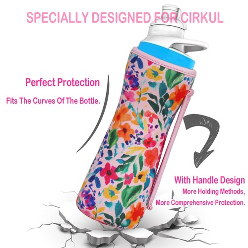 SLEILIN 22oz Cute Printed Sleeve Compatible With Cirkul Water Bottle For Plastic And Stainless Steel Bottles 22oz Neoprene Sweat-Wicking Material Insulated Cover Designed With Handles (Pink Flower)