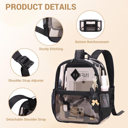 MUSEVOS Clear Backpack for Stadium Events Approved 12×6×12, Thick TPU Mini Clear Bag with Front Pocket for Concert Sport Events Work Travel, Black