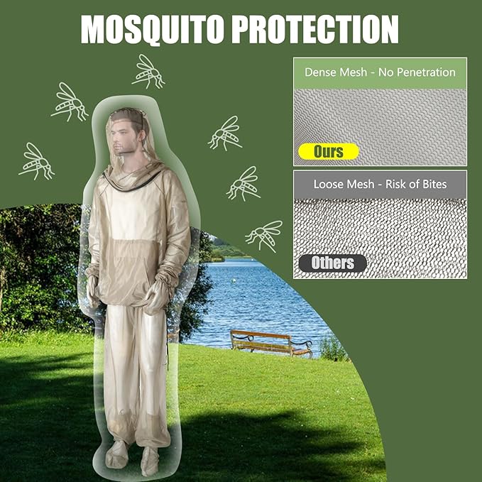 4-Piece Net Suit L/XL, Full Body Jacket with Zippered Hood, Pants, Gloves & Foot Covers, Thickened Breathable Mesh, Adjustable Fit for Men & Women, Lightweight for Outdoor, Camping, Fishing &Gardening