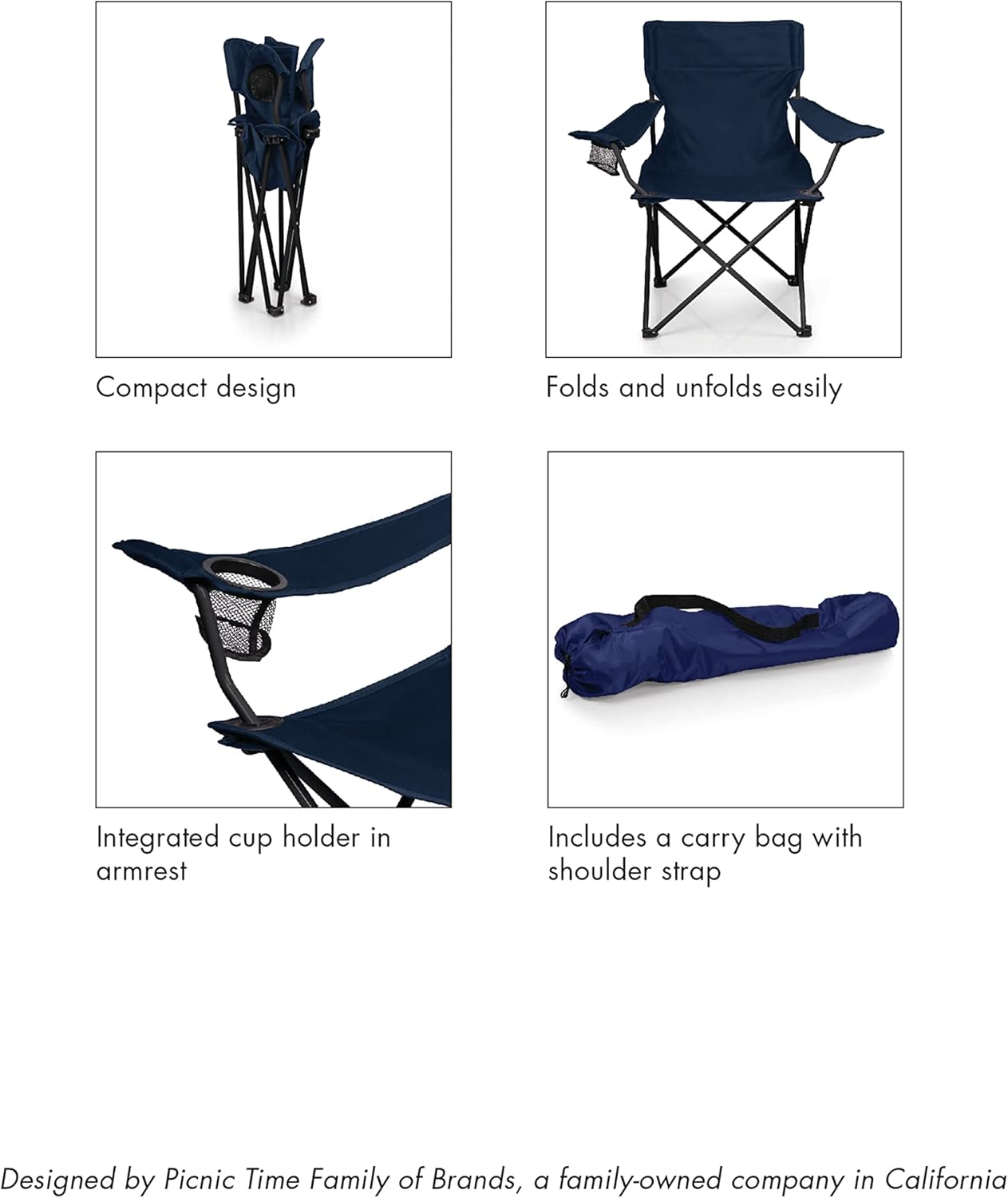 PICNIC TIME NHL PTZ Camp Chair, Picnic Chair, Beach Chair with Carrying Bag, (Black)