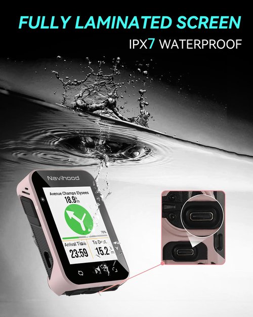 Navihood L2 GPS Bike Computer, 2" Color LCD Wireless Cycling Computer,Bike Speedometer Bluetooth ANT+, IPX7 Waterproof, Auto Backlight, Supports HR/Cadence/Power Sensors(Pink)