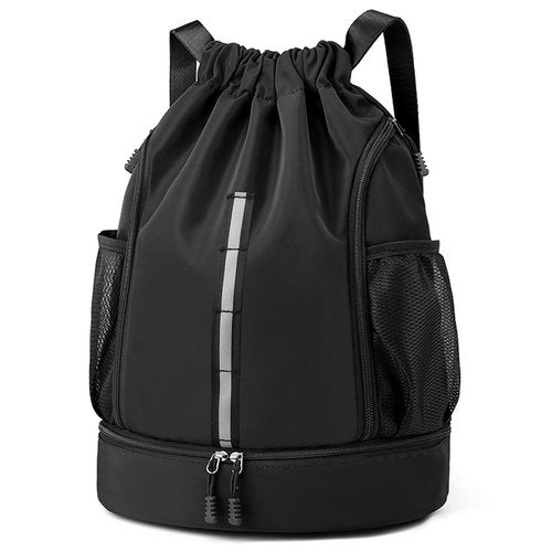 XMYAOWEI Sport Gym Bag Drawstring Backpack Beach Bag for Men Women with Shoe Compartment and Reflective Strips (Black)